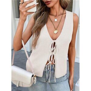 ✨ Tie Front Knit Sweater Vest – Crochet Ribbed Sleeveless Tank Top